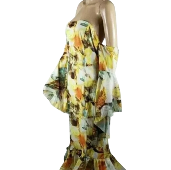 Ruffle Bottom Flower Print Tube Strapless Maxi Mermaid  Off-Shoulder Dress - Picture 7 of 9